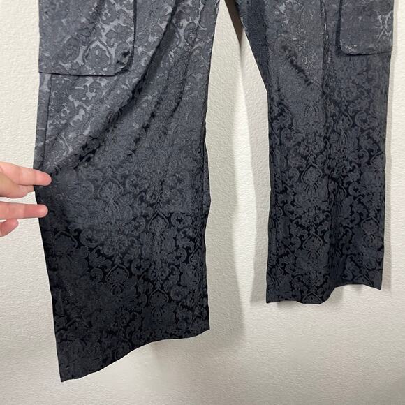 Cider XS Asymmetric Button Floral Brocade Wide Leg Cargo Pockets Pants Black - Picture 3 of 9